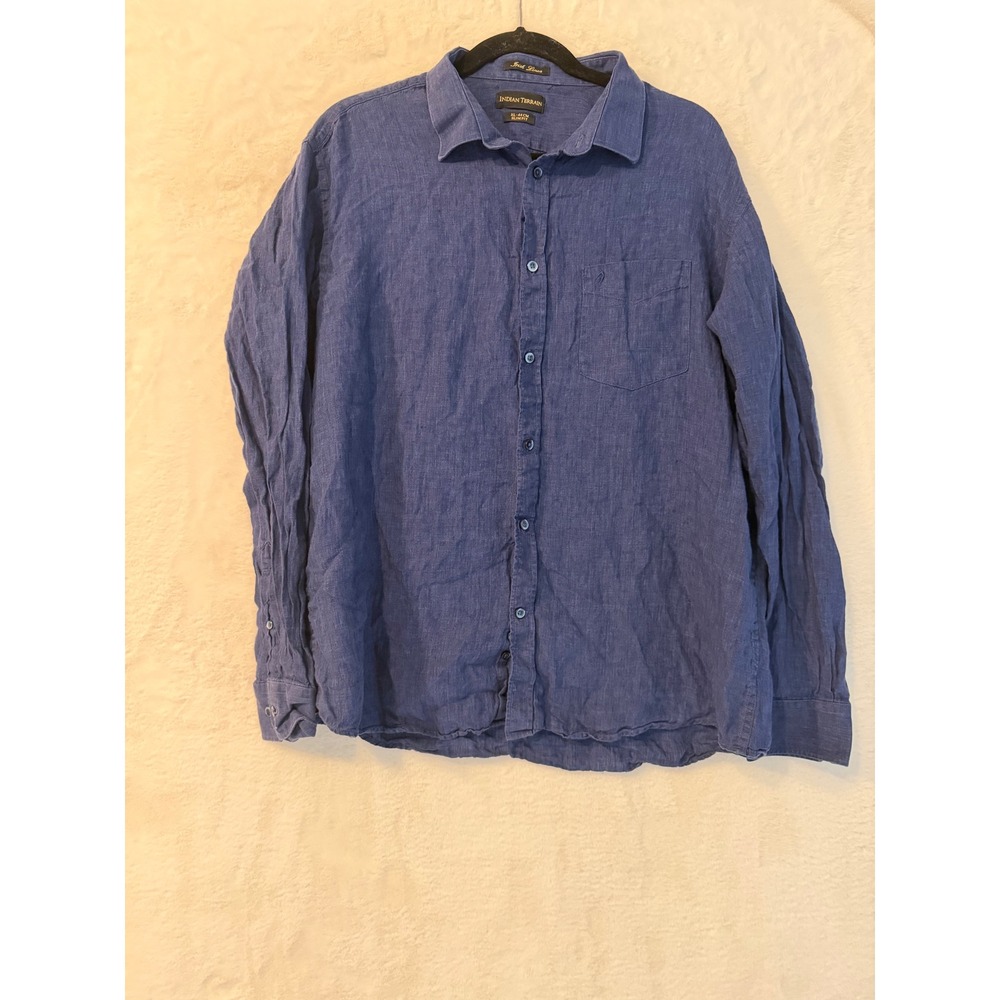 Indian Terrain Mens XL Slim Fit 100% Irish Linen Button Down Shirt Indigo Blue